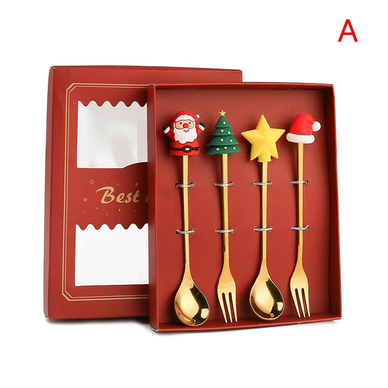 

4PCS/6PCS Christmas Gift Cutlery Spoon Fork Set Elk Christmas Tree Decoration Dessert Spoon Fruit Fork Coffee Spoon Cutlery Gift