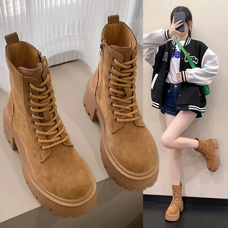 

Med Heel Boots Female Shoes Boots-Women Luxury Designer Lace Up Winter Footwear Round Toe Ladies Rubber Rock 2022 Lolita Fashion