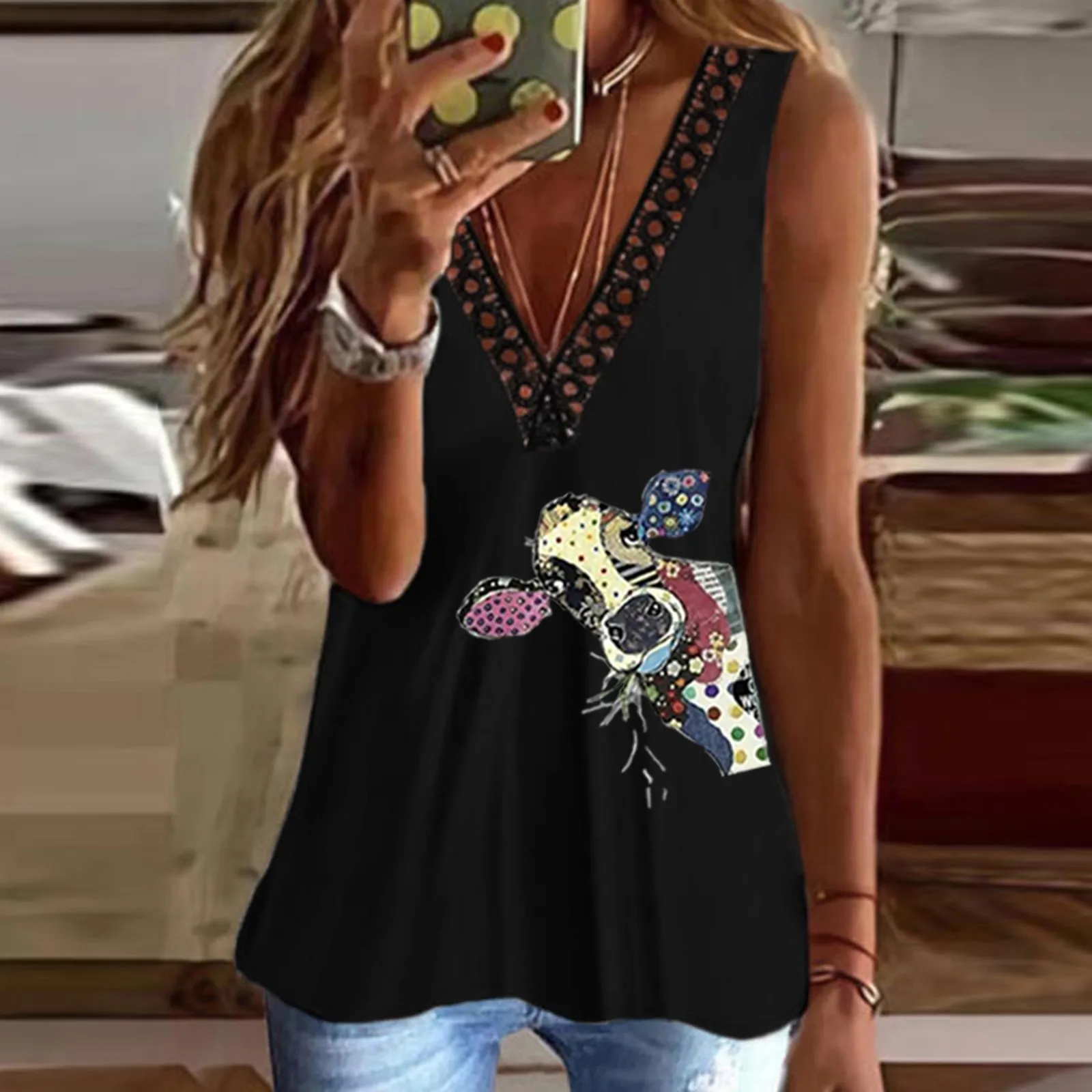 

Sunmmer Vests Women Casual V Neck Giraffe Print Sleeveless Top Casual T Shirt Loose Lace Sleeveless Tank Top Майка Женская