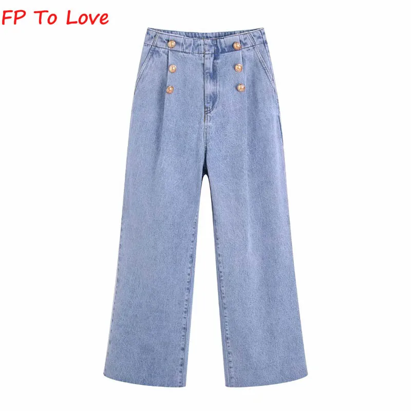 

FP TO LOVE Woman Summer 2022 Wide Leg Pants Vintage High Waist Button Down Wide Leg Jeans Blue Chic Mom Jeans