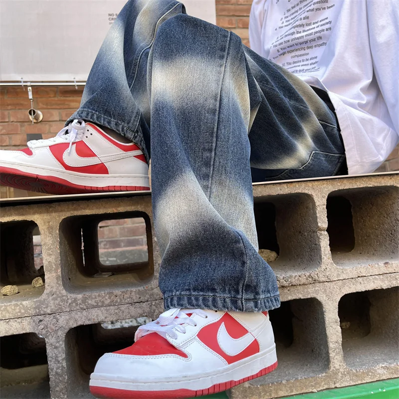 Blue Black Baggy Jeans Men Fashion Tie-dyed Jeans Men Japanese Streetwear Hip-hop Loose Straight Denim Pants Mens Trousers M-2XL