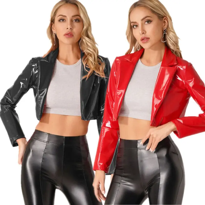 Women's Outerwear Lapel Patent Leather Jacket Wet Faced Long Sleeve Crop Party and Performance Clothing