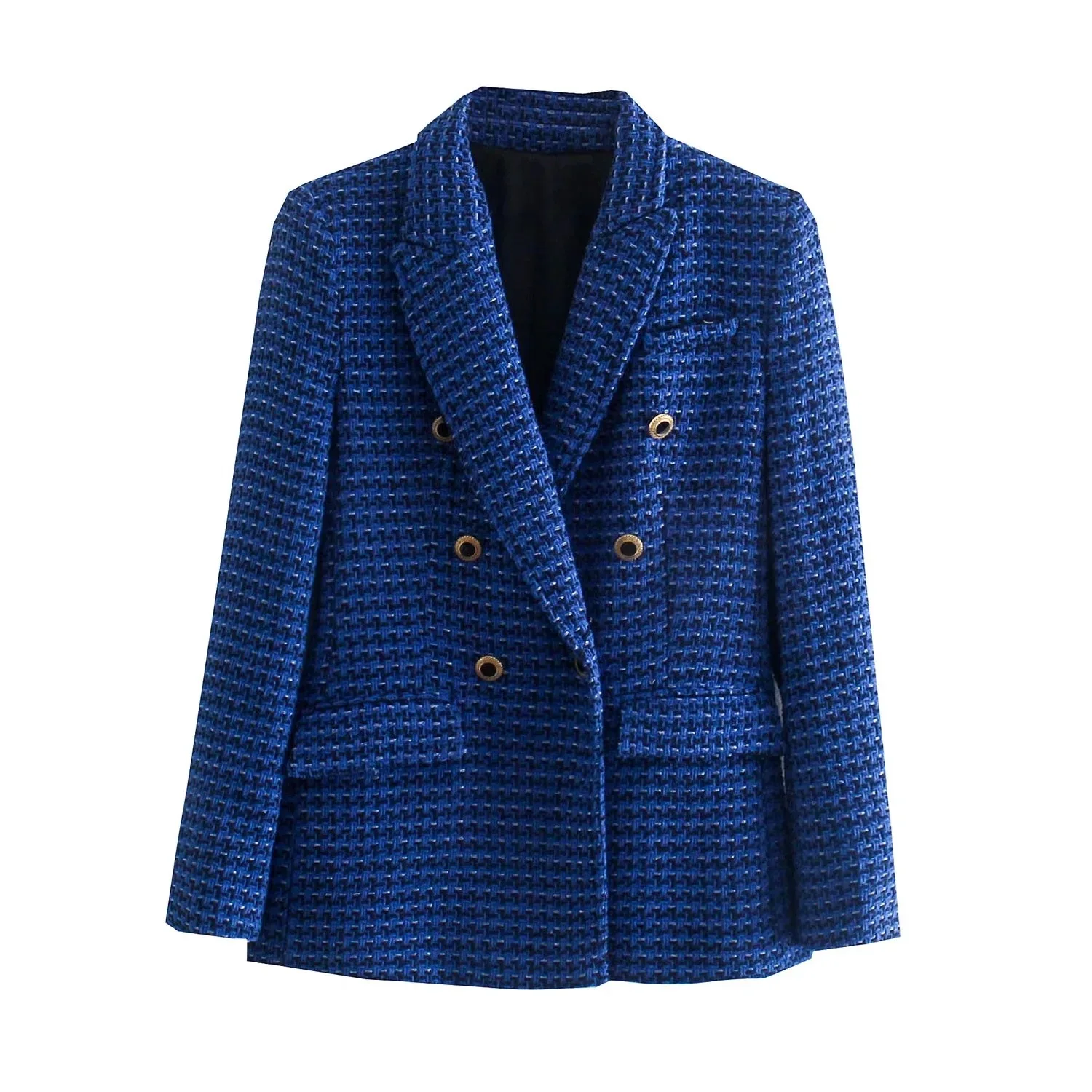 

Blue Women Jacket Fashion Double Breasted Tweed Check Slim Blazer Coat Vintage Long Sleeve Pockets Female Outerwear Clothing
