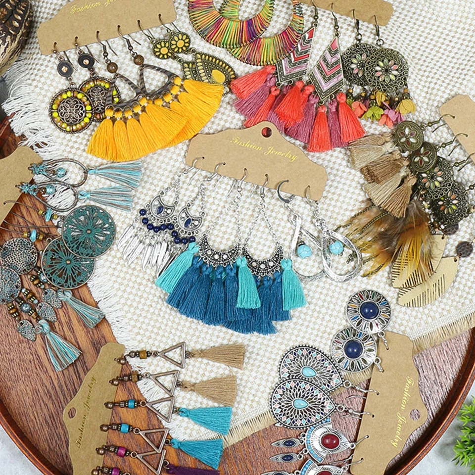 

Ethnic Women Bright Colorful Tassel Earrings Sets Boho Vintage Bronze Metal Drop Earrring Set Jewelry Wholesale Dropshipping