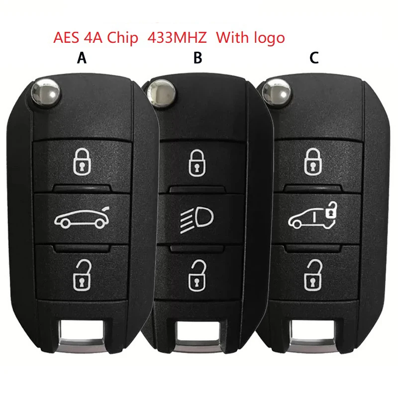 

3 Button 433 MHz For Peugeot flip key 4A Chip 3008 Expert 2017-2019 Citroen HUF8435 Remote Smart Key Trunk/Light Button