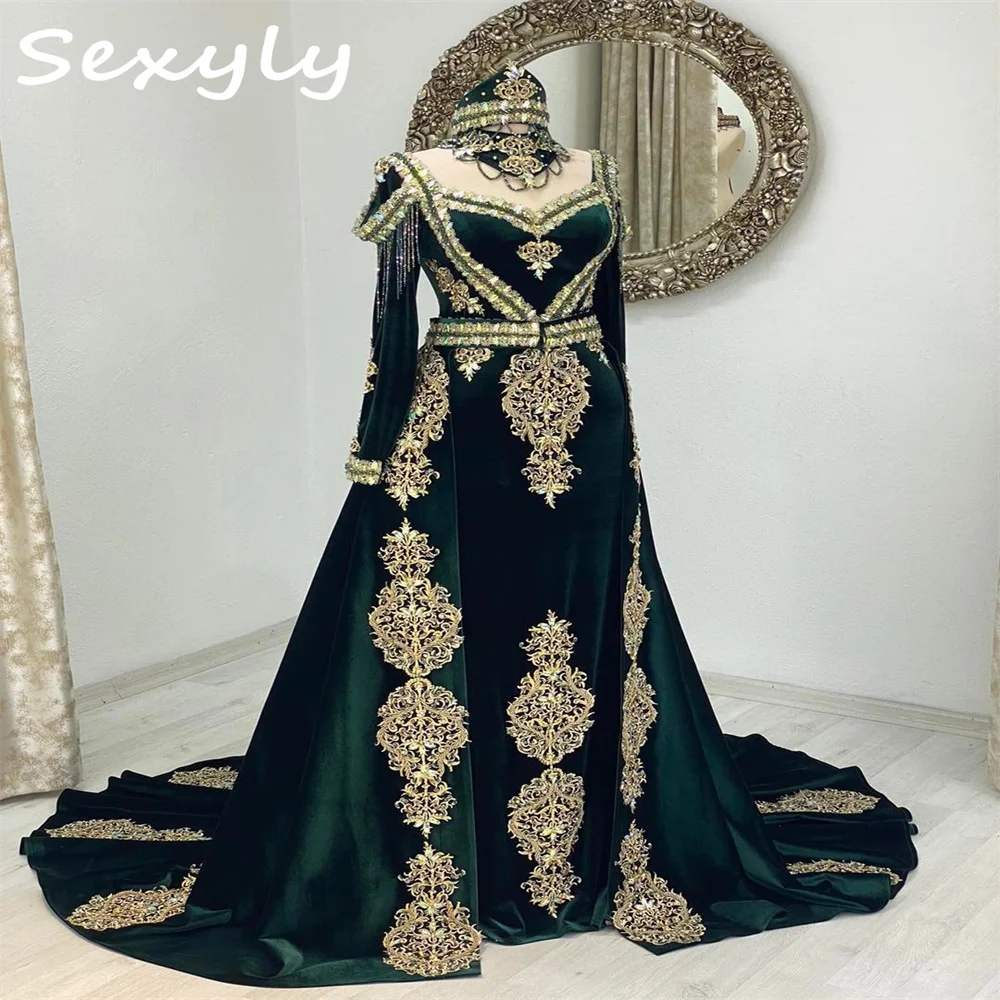 Kaftan Moroccan Evening Dress With Crystal Elegant Emerald Green Mermaid Prom Dresses With Detachable Train Long Sleeve Abaya