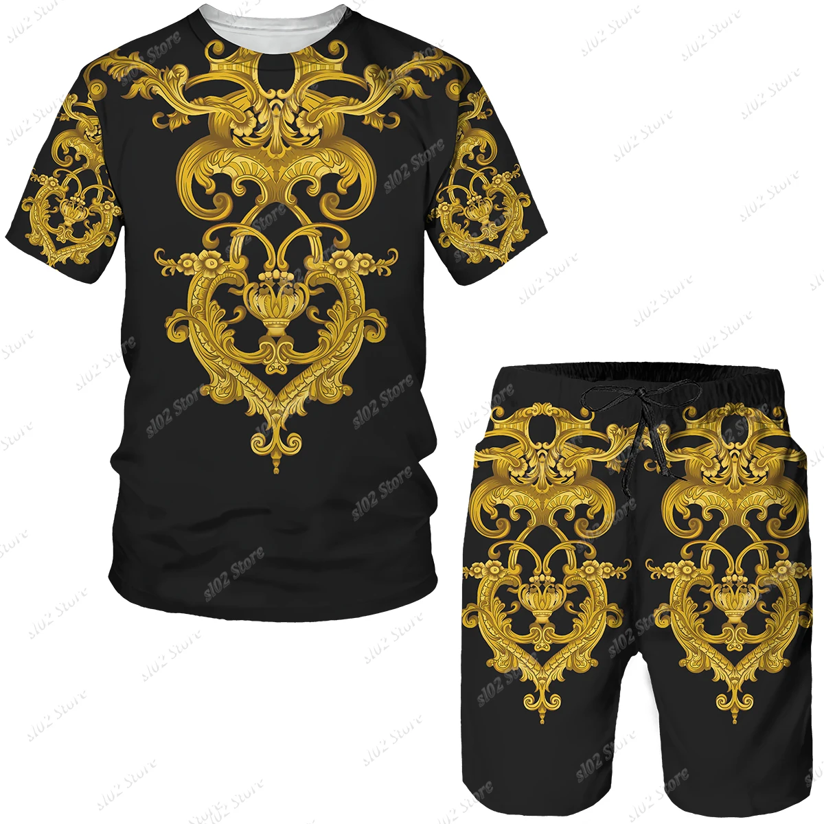 Summer Men's Clothing T-Shirts Shorts Tracksuits Sets 3d Golden Pattern Lion Head Printed Sportswear Man Jogging 2 Piece Outfit images - 6