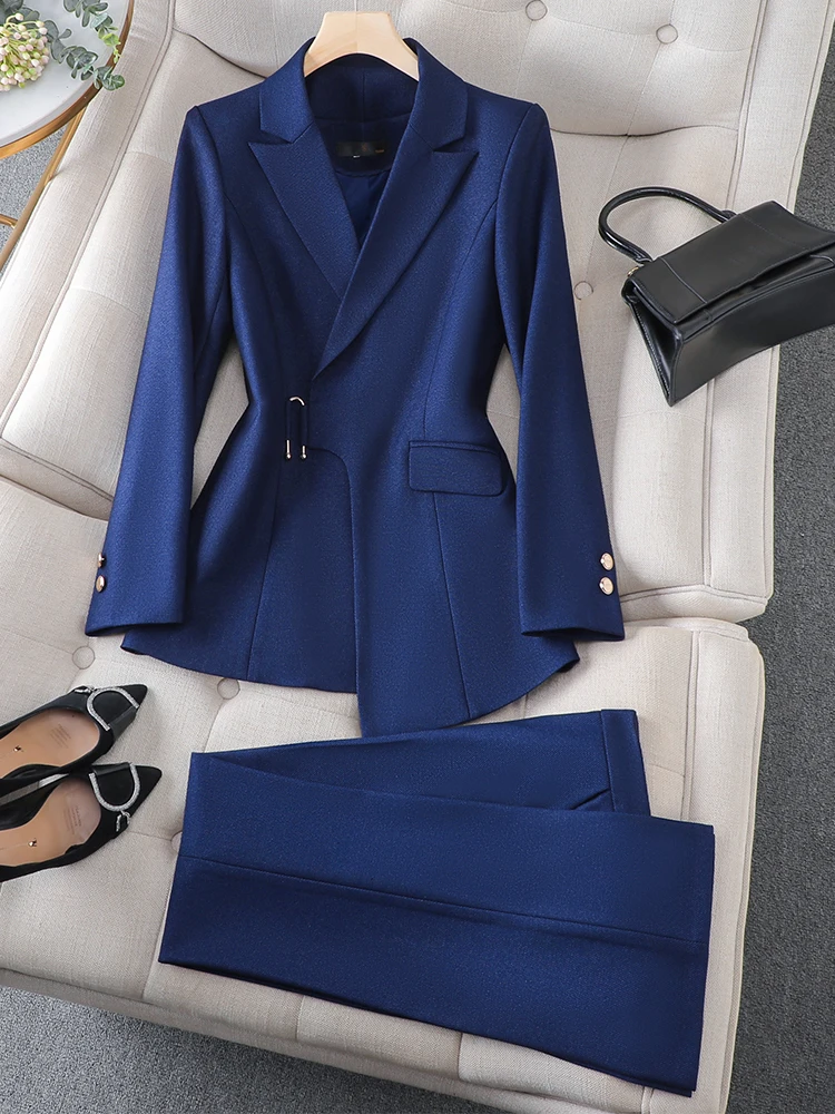 

Костюм брючный женский деловой из 2 предметов, пиджак и брюки, одежда для работы и осени и зимы, коричневый темно-синий черный