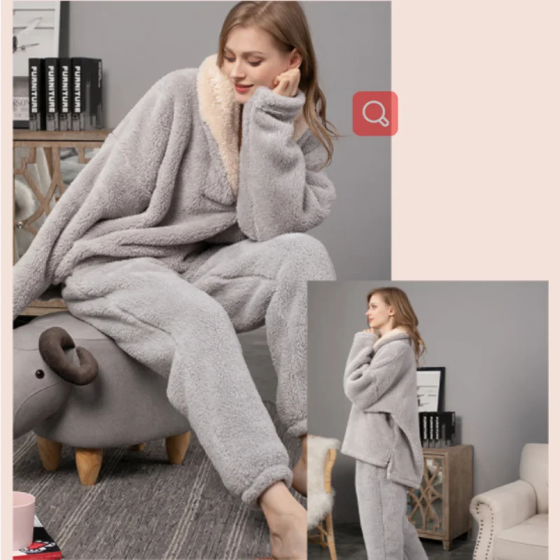 Women's Winter Warm Flannel Women Pyjamas Sets Thick Coral Velvet Long Sleeve Cartoon Sleepwear Thick Flannel Pajamas Set