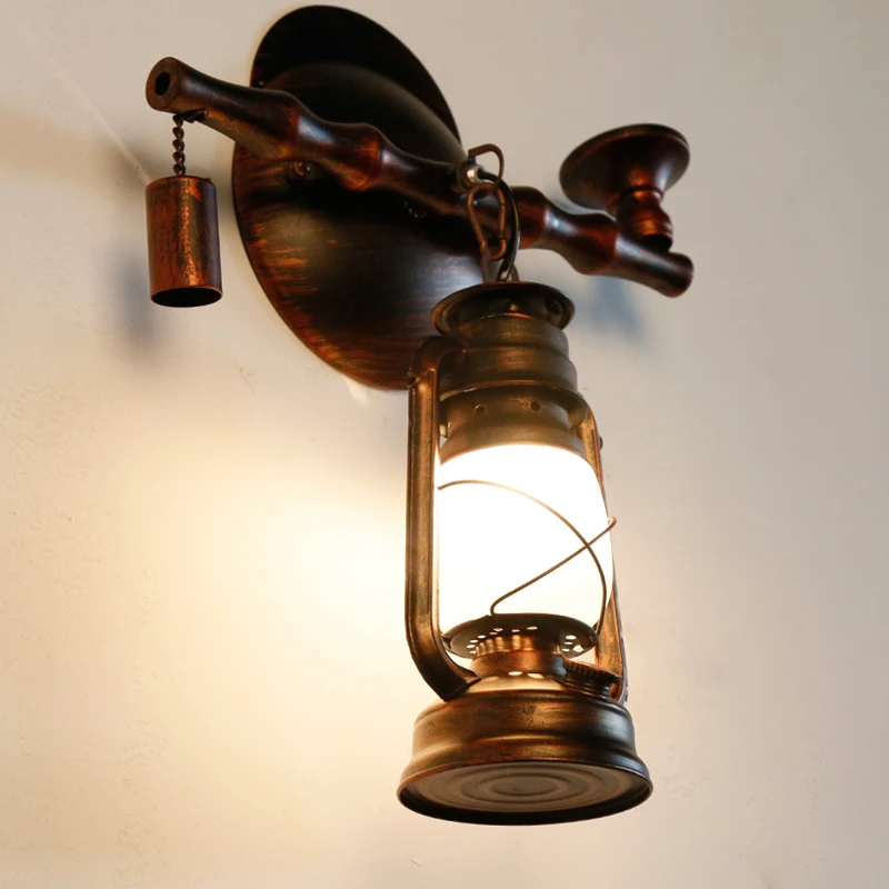 

American retro wall lamp creative wrought iron wall lamp restaurant tea house bedroom aisle decorative lamp antique wall lamp