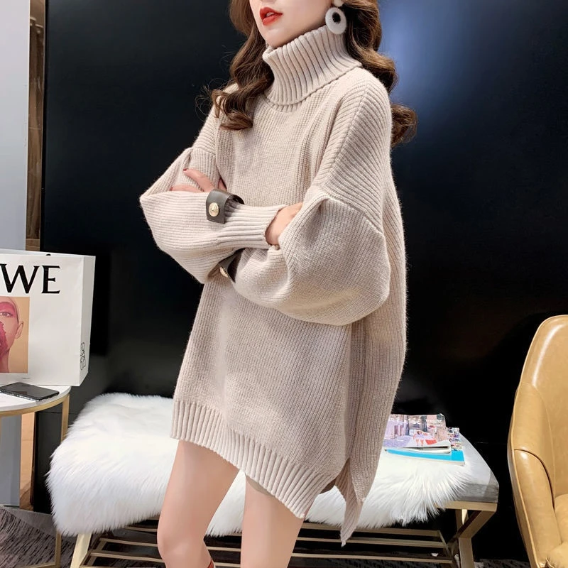 

Thick High Collar Black Knitted Sweater Women Tops Fashion Autumn Winter Loose 3 Color Knitted Turtleneck Pullover Ladies Jumper