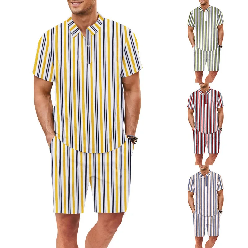 

Новинка 2023, гавайская мужская одежда в европейском и американском стиле, летняя повседневная спортивная рубашка в Вертикальную Полоску, костюм с коротким рукавом