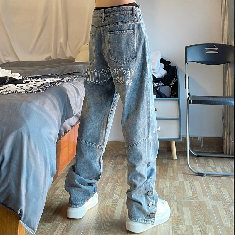 

Pantalones vaqueros retro delgados de cintura alta para hombres y mujeres, jeans con bordado de letras de calle Y2K, abotonados