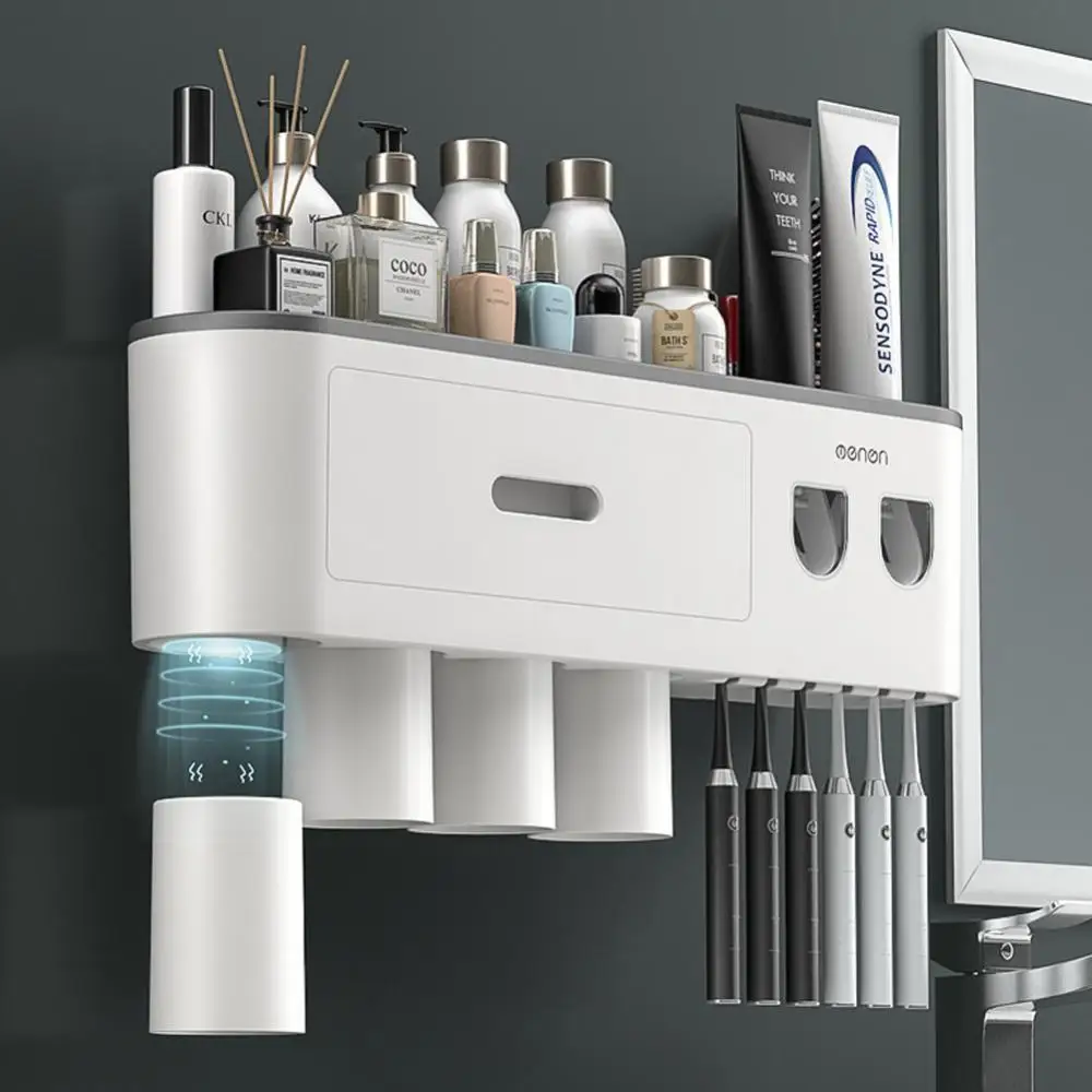 

Toothbrush Holder Double Automatic Toothpaste Dispenser Magnetic Adsorption Inverted Cup Storage Rack Bathroom Accessories