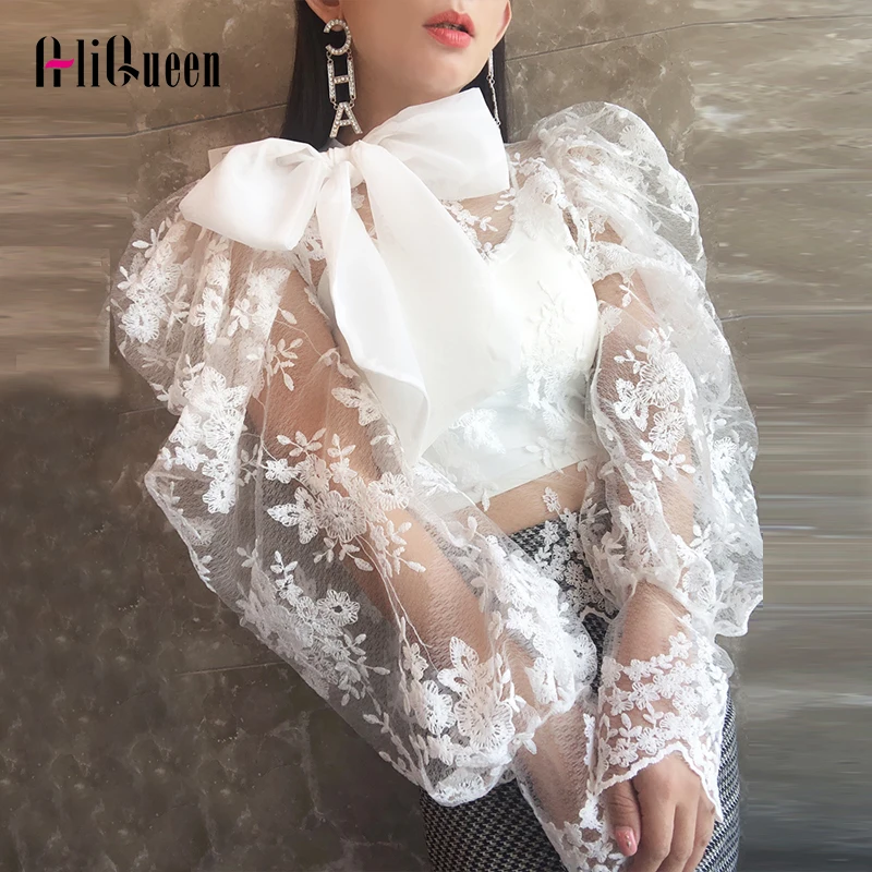 

Женская кружевная блузка с цветочной вышивкой, белая блузка без рукавов с буфами и бантом на шее, лето 2020