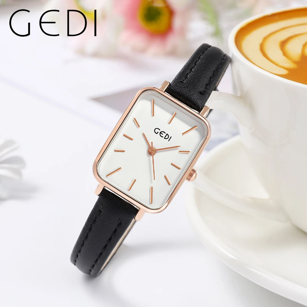 GEDI Minimalist Ladies Fashion Quartz Wrist Watches Luxury Brand Waterproof Rectangle Women Watches Leather Strap Montre Femme