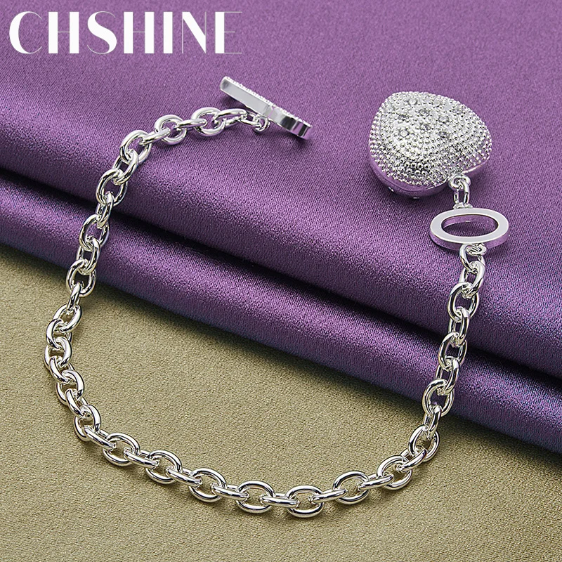 

CHSHINE 925 Sterling Silver Heart Pendant Bracelet Fashion Charm Jewelry Key Chain 20CM 8inches