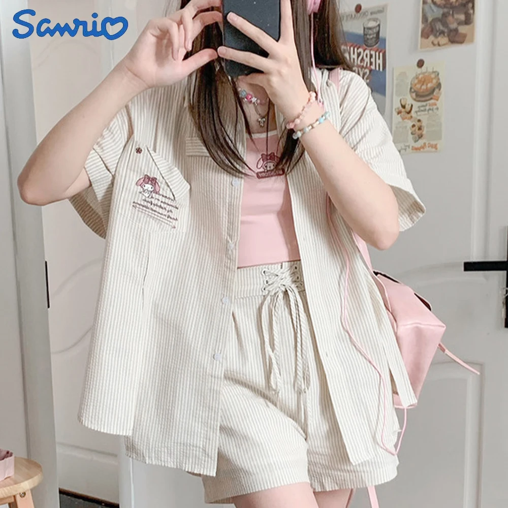 

Sanrio Kawaii Summer Striped Shirt Cartoon My Melody T-Shirt Short Sleeved Shorts Pure Cotton Sweet Campus Girl Clothing Gifts