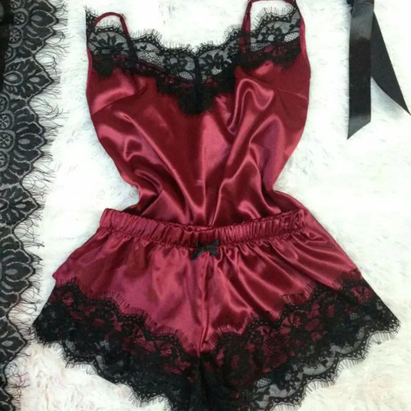 

Pajamas For Women Sleepwear Silk Sexy Satin Pajama Sets Black Lace V-Neck Pyjamas Sleeveless Top and Shorts Plus Size Lingerie