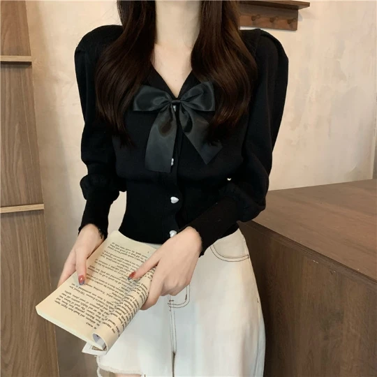 

Black Lady Row Cardigans Women Sweaters V-Neck Long Sleeve Tops Fashionable Solid Knitwear Women's Sweater Cardigan Coat Cloth