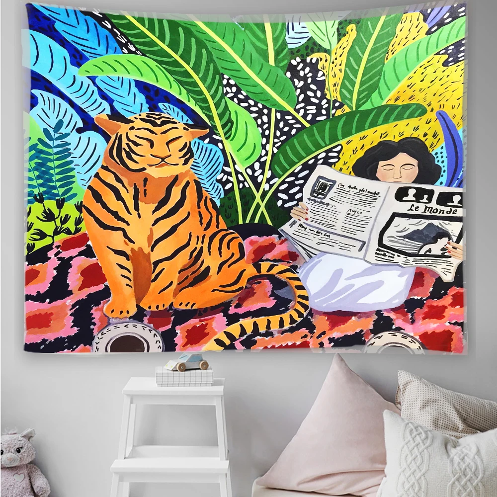 

Tiger and girl Tapestry Wall Hanging Tapestry Wall Decor Hippie kawaii Room Decor witchcraft Wall Tapestry