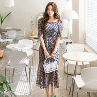 2022 womens summer new high end temperament korean square neck short sleeve slim fitting printing fashion party fishtail dress