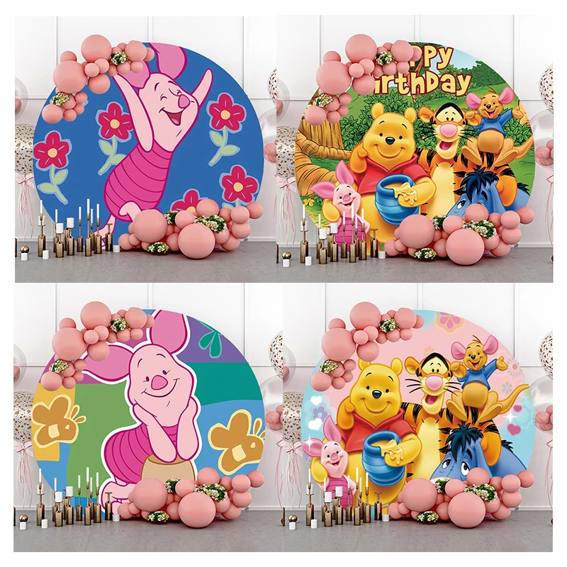 Disney Pink Piglet Winnie The Pooh Theme Birthday Party Backdrop Round Circle Fabric Elastic Stretchable Personalized Background