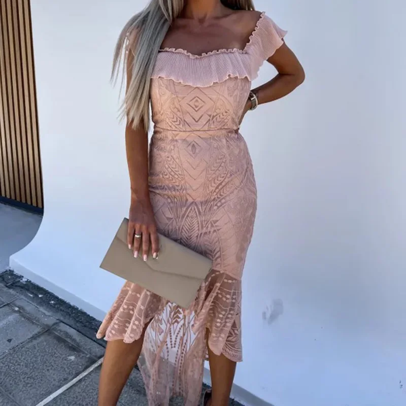 

Модное Сетчатое лоскутное облегающее платье без бретелек, женское летнее банкетное платье, сексуальное кружевное платье с оборками и вырезом лодочкой, платья