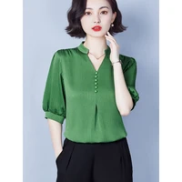 2022 summer blouse women v neck solid short sleeved women tops and blouses vintage botton up chiffon laides top fashion clothes