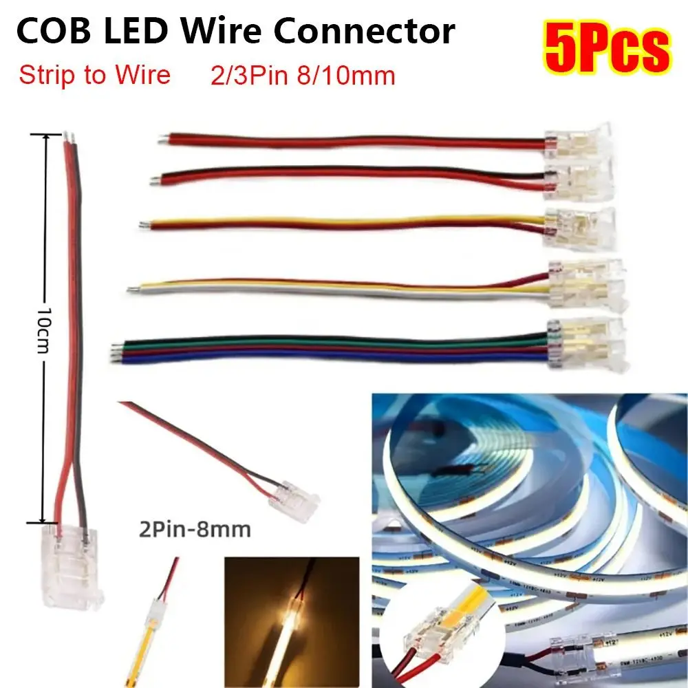 Фото Набор из 5 шт. 2/3-контактных COB LED-коннекторов для подключения ленты к проводу, 8/10 мм, мини-зажимы, беспаечные соединители для светодиодных лент №1