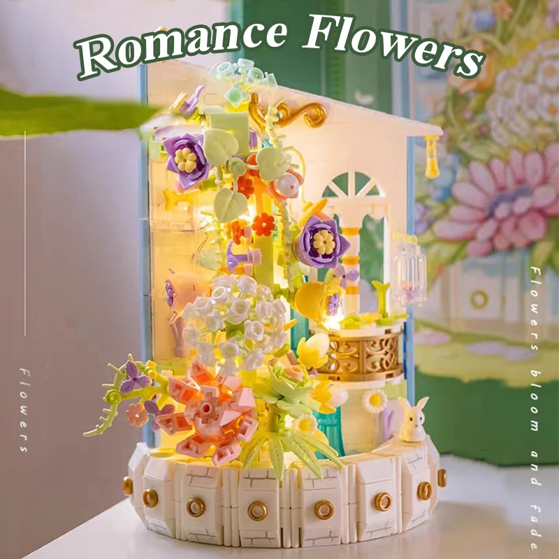 

Romance Flower Bloom Mini Brick Building Blocks Toy Bonsai Model with Light Creative DIY Micro Particle Collection Construction