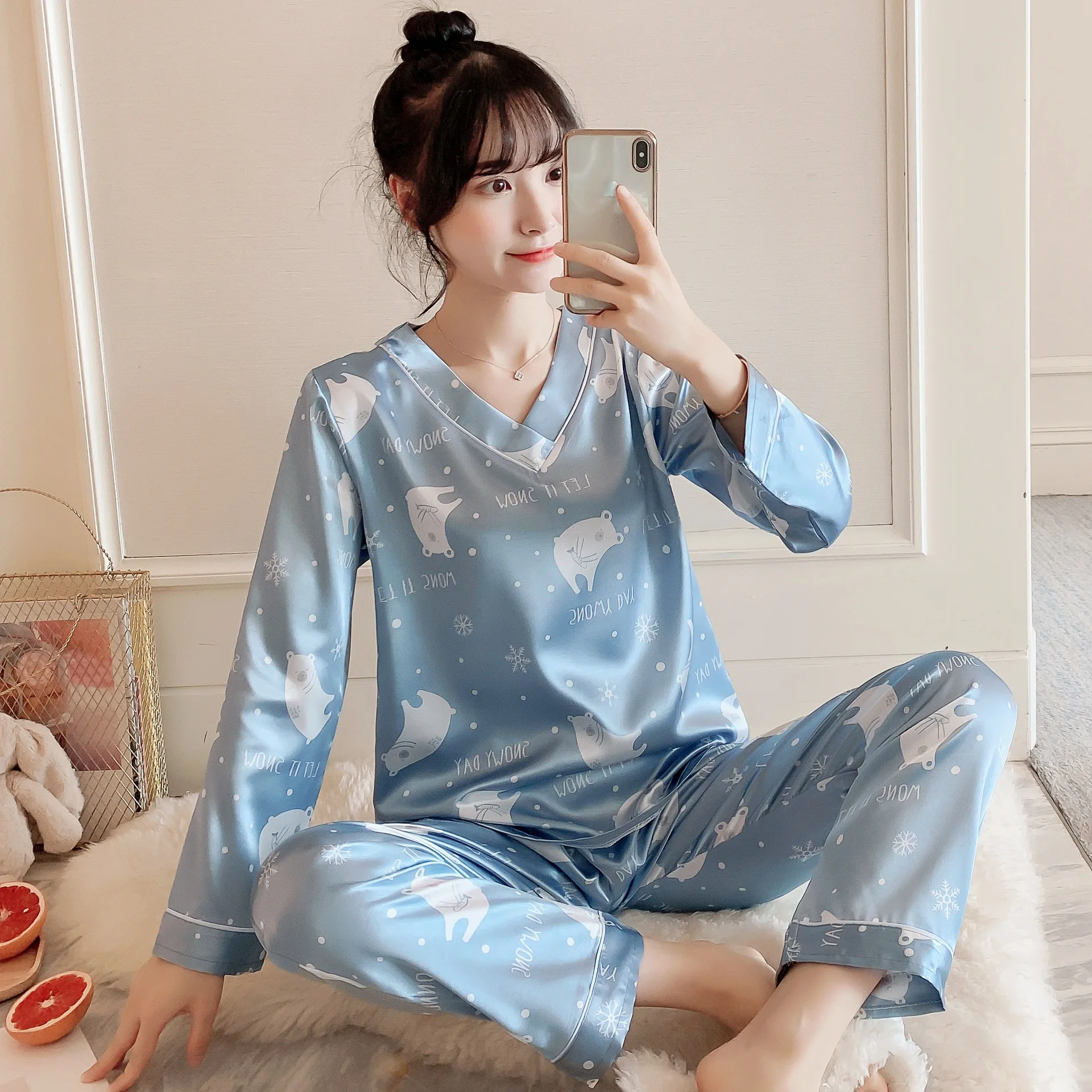 Ladies Summer Ice Silk Pajamas Casual Long-sleeved Trousers Thin Sweet Korean Style Home Wear Two-piece Suit пижама женская