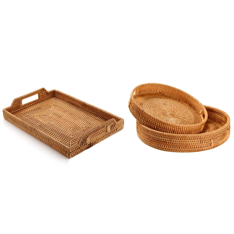 

1X Rattan Woven Storage Fruit Basket 14.5X10.2 Inches & 2X Rattan Handwoven Round High Wall Severing Tray (S+L)