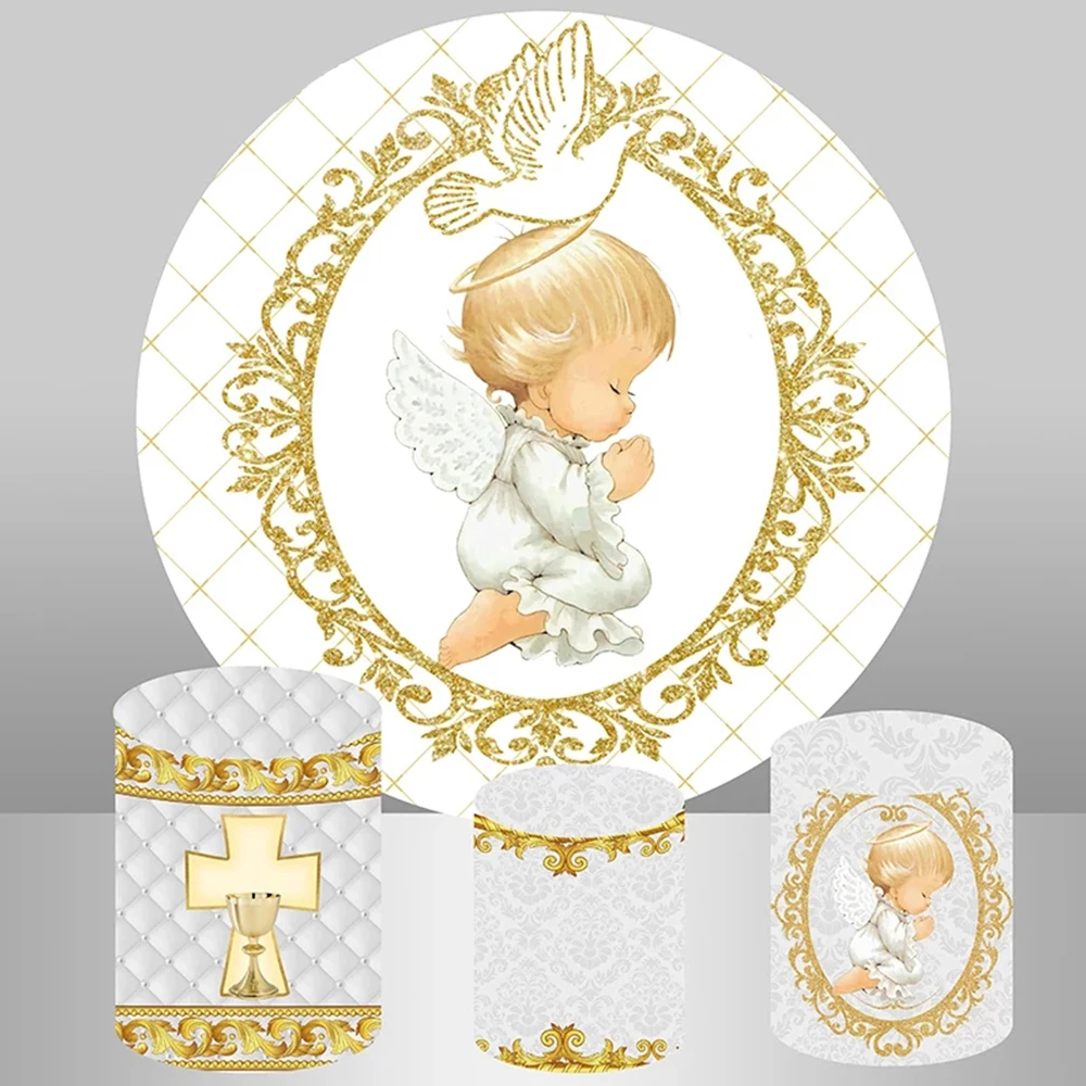 My First Communion Round Backdrop Decoration Boy Girl Angel Baby Shower Baptism God Bless Custom Circle Background Elastic Cover