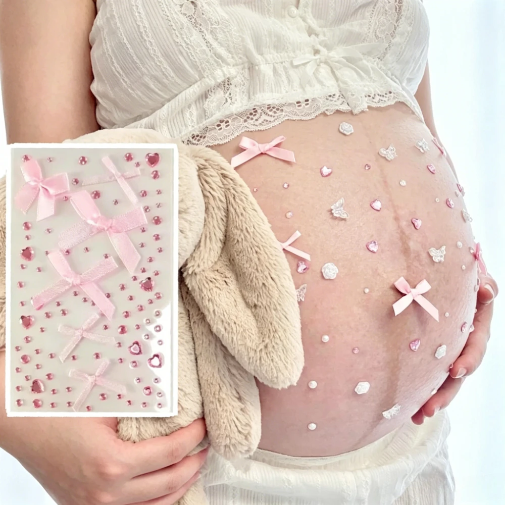 Фото 3D-наклейки с блестящими стразами «Welcome Baby» для фотосессий беременных: наклейки на живот с сердечками, бантиками и кристаллами №2