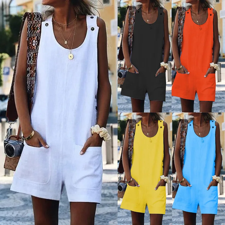 

2022 spring and summer new women's one-piece pants summer new women's button cotton linen shoulder belt button one-piece pants