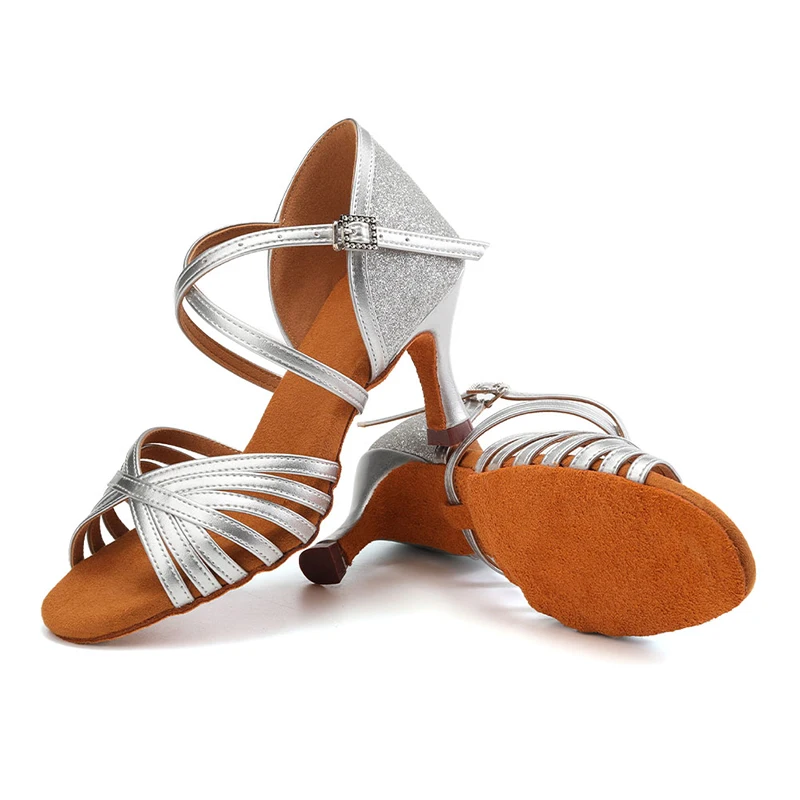 SWDZM Silver Latin Dance Shoes Ballroom Ladies Dancing Shoes For Women Jazz Salsa Dance Shoes PU 2 Colors Heeled 5cm/7cm