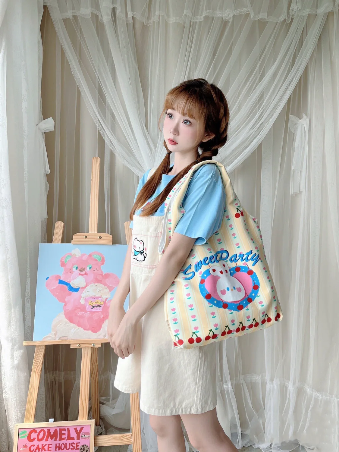 Cartoon Print Canvas Tote Bag for Women Large Capacity Student Commuter Bag Ladies Casual Shopping Tote Bag Bolso Mujer