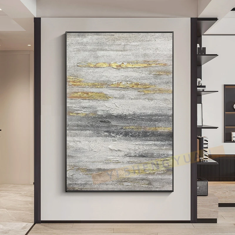 

Pure Handmade Abstract Heavily Texture Golden Black White Oil Painting Wall Art For Living Room Porch Restaurant Unframed