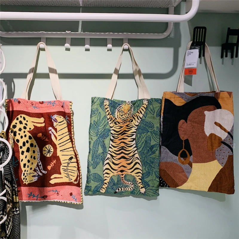 Ladies Canvas Storage Bag Tiger Leopard Print Handbag Shopping Bag Casual Outdoor Shoulder Backpack Large Capacity Crossbody Bag