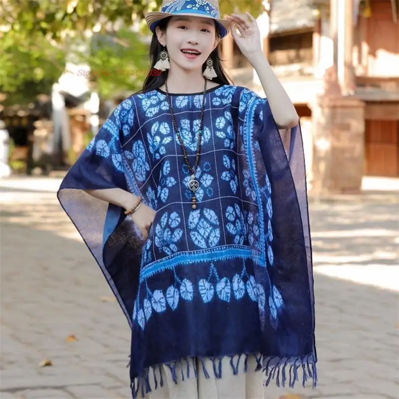 

2023 традиционная Китайская Этническая шаль, топ ханьфу с национальным цветочным принтом, рубашка с круглым вырезом, Солнцезащитная рубашка, винтажная рубашка с кисточками