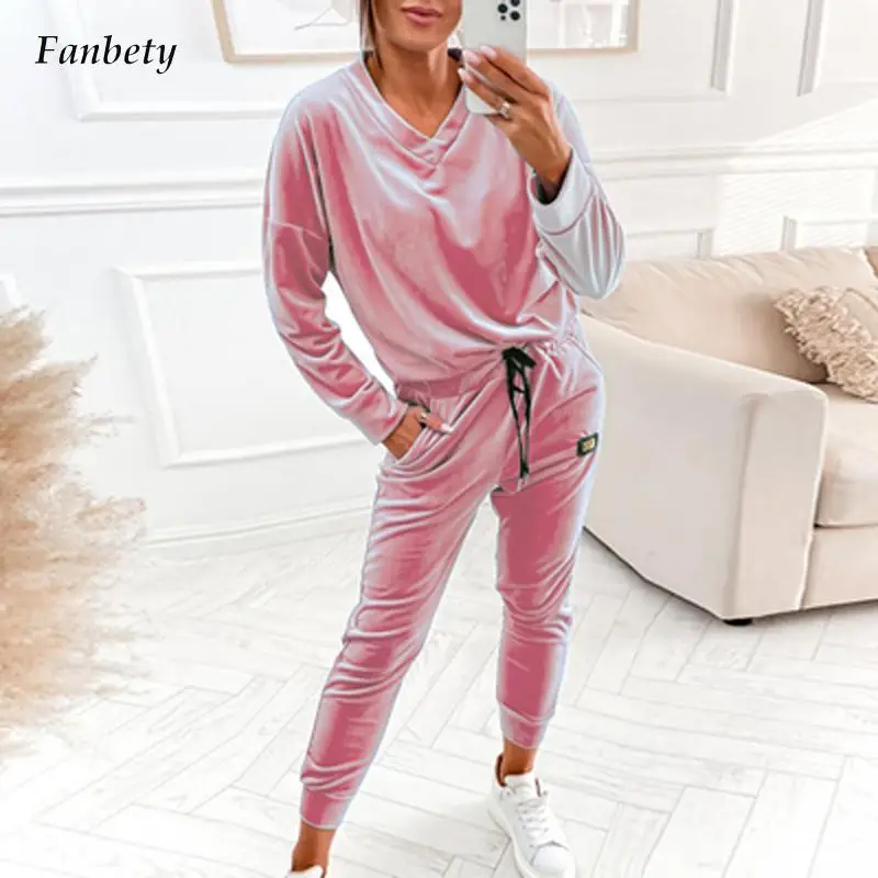 

Casual V-neck Long Sleeve Blouse and Tie-up Pant Suit Women Elegant Fleece Solid Outfits 2022 Fashion Sportswear Two Piece Sets