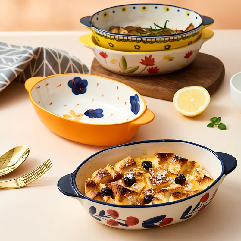 

Binaural Ceramic Baking Pan Bowl Plate Set Household Cutlery Cheese Baked Rice Plate Dinnerware Handle Bowl Kitchen Tableware