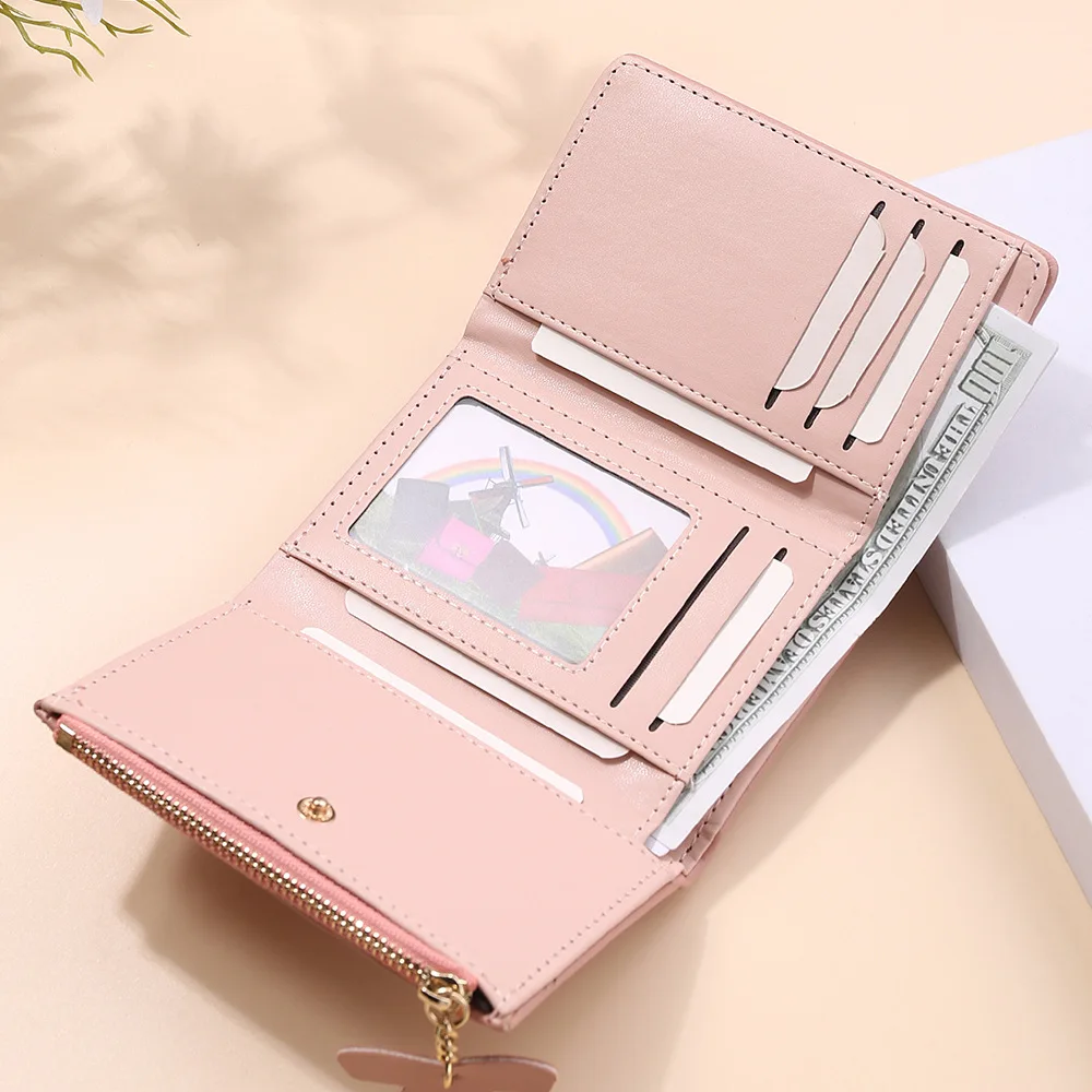 New Women Wallet PU Leather Girls Wallet Short Zipper Cute Small Coin Purse Short Trifold Ladies Credit Card Holder Organizer