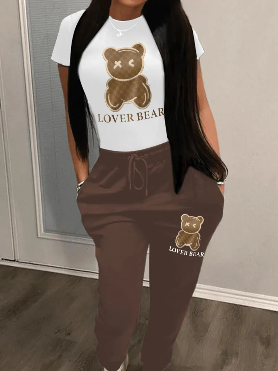 

LW Lover Bear Pink Letter Print Pants Set O Neck Short Sleeve+Drawstring Sporty Trousers Two-piece Women Pullover Activewear
