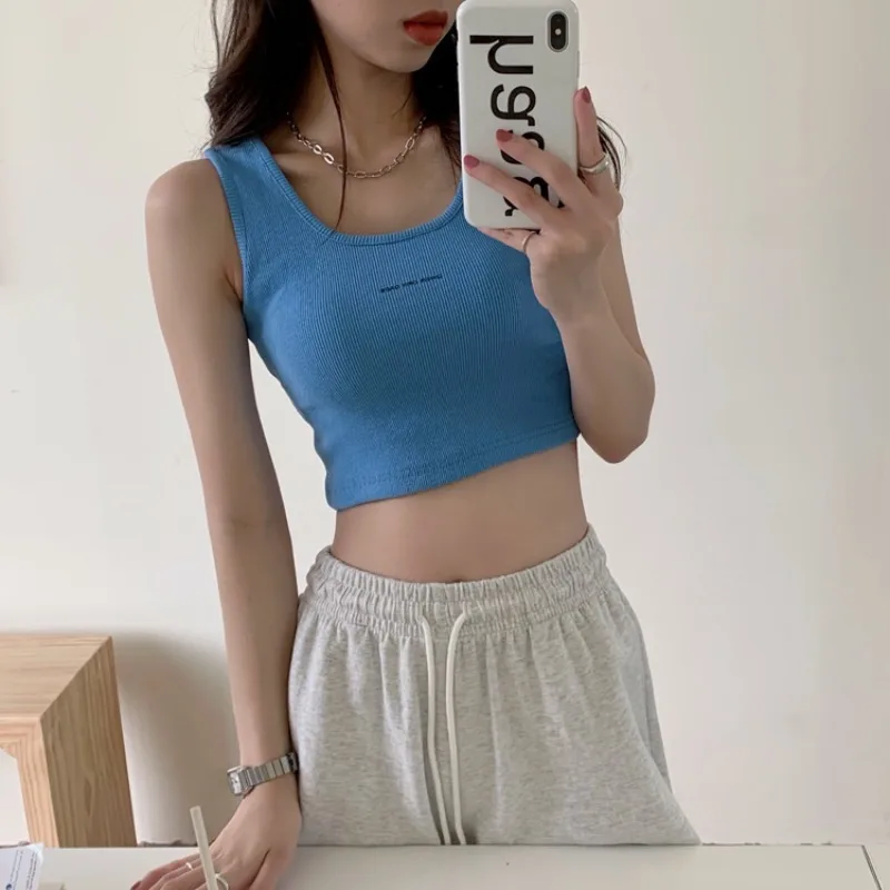 

Korean Solid Tank Top Femme Casual Sport Tops Lady 4Colors T-shirts Vest Streetwear Sleeveless Casual Sexy Summer Women Crop Top