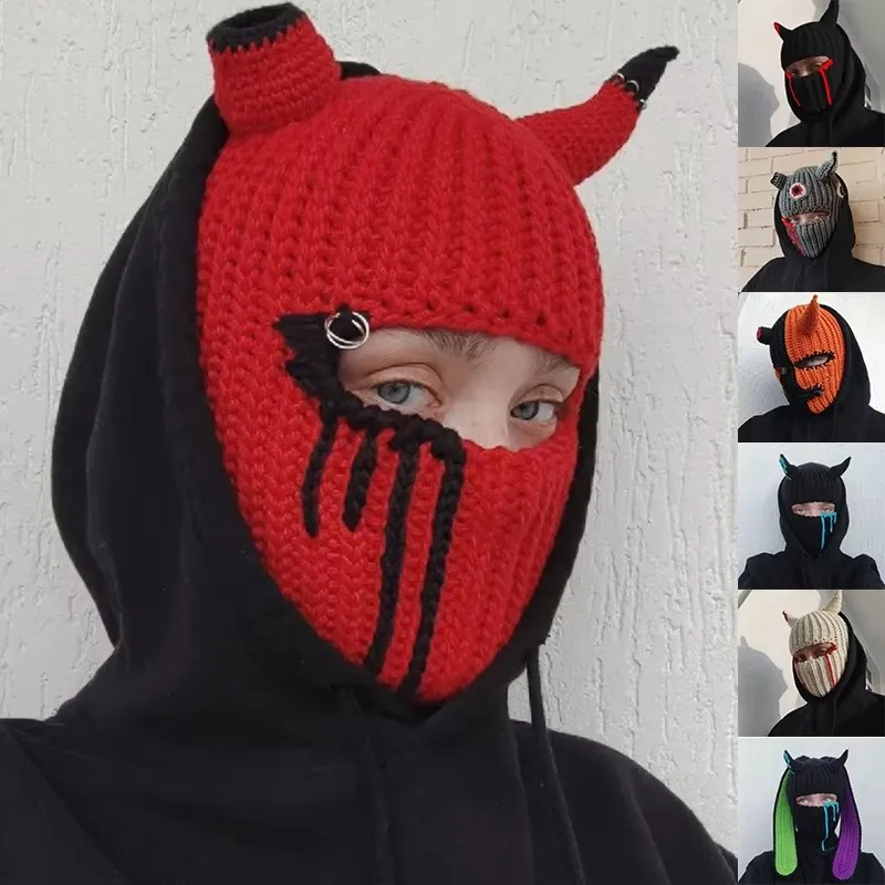 Вязаная шапка унисекс Балаклава с рогом дьявола на Хэллоуин 1 отверстие Y2K