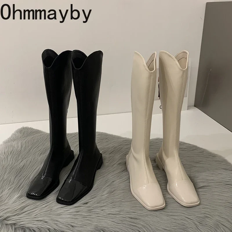 Винтажные женские сапоги до колена модная обувь с квадратным носком