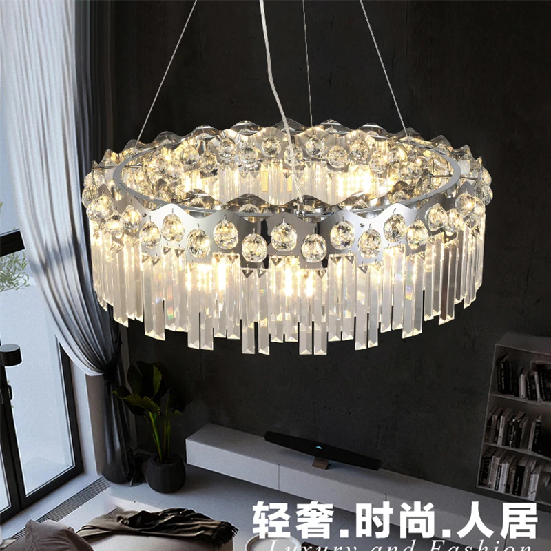 

E14 Modern K9 Crystal Chrome Chandelier Round Silver Hanging Light For Duplex Floor Model Bedroom Dinning Living Room Shiny Lamp