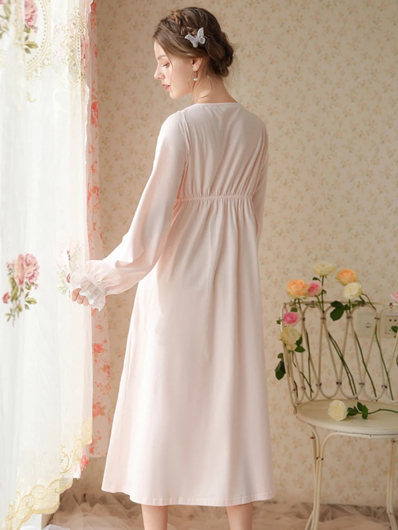 Women Spring Lingerie Cotton Lace Fairy Sweet Princess Sleepwear Ruffles V-Neck Embroidery Robes Vintage Victorian Nightdress